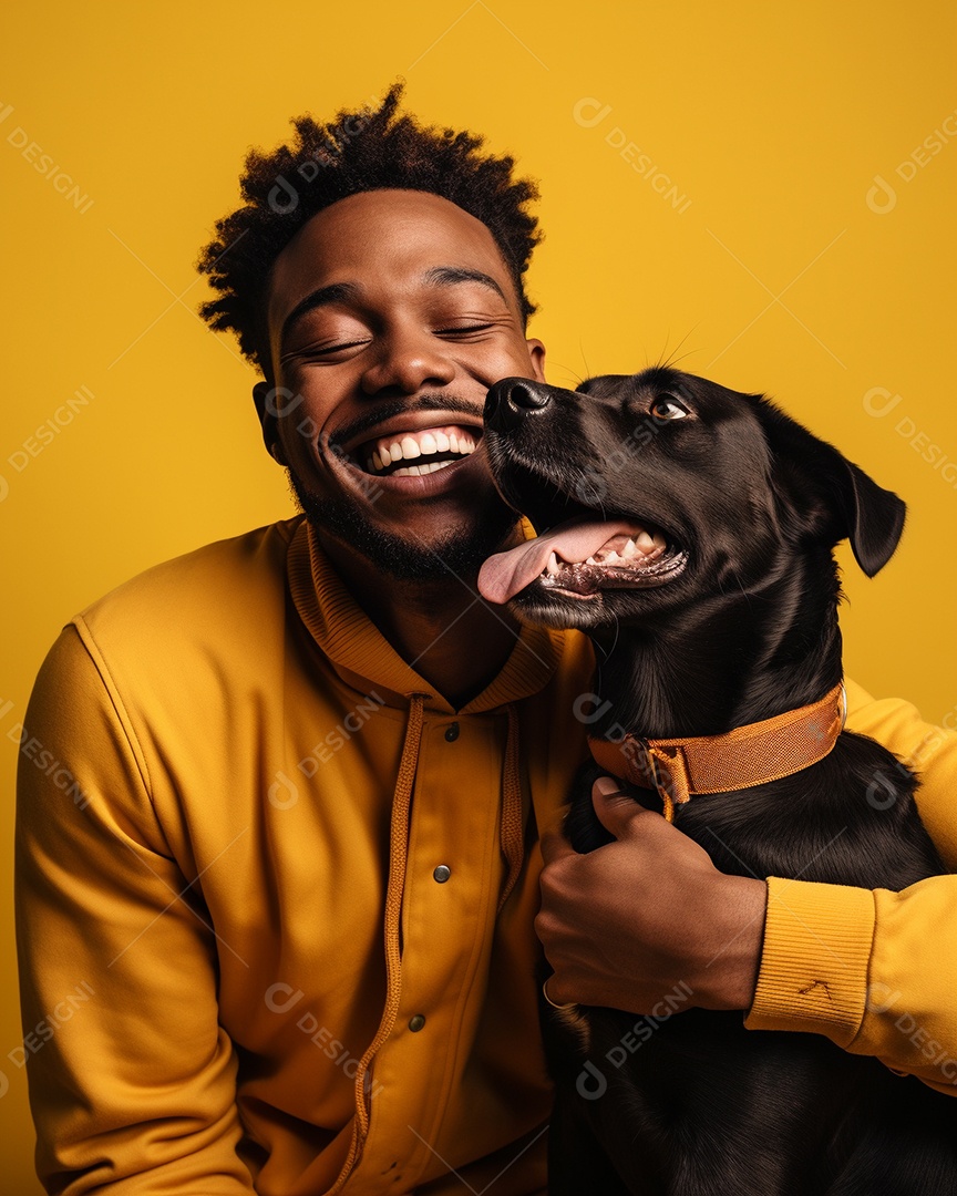 Uma mulher negra com seu cachorro acariciando seu cachorro em um fundo bronzeado