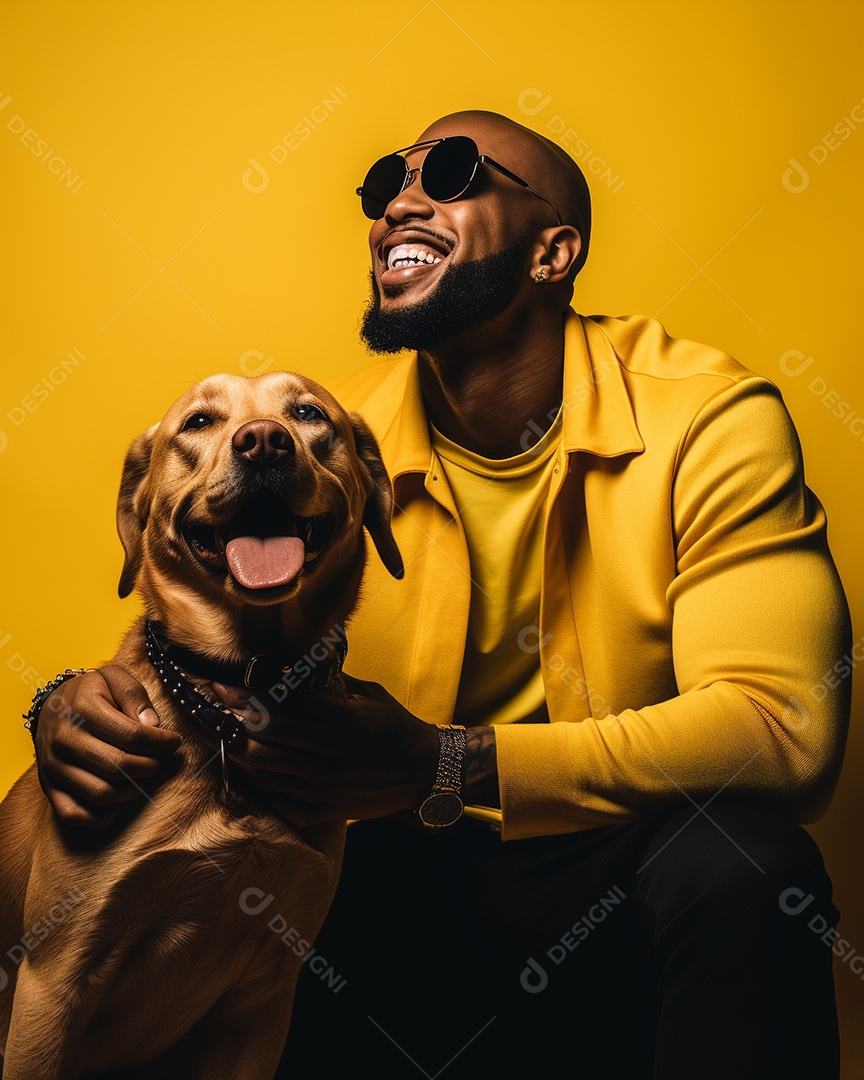 Uma mulher negra com seu cachorro acariciando seu cachorro em um fundo bronzeado