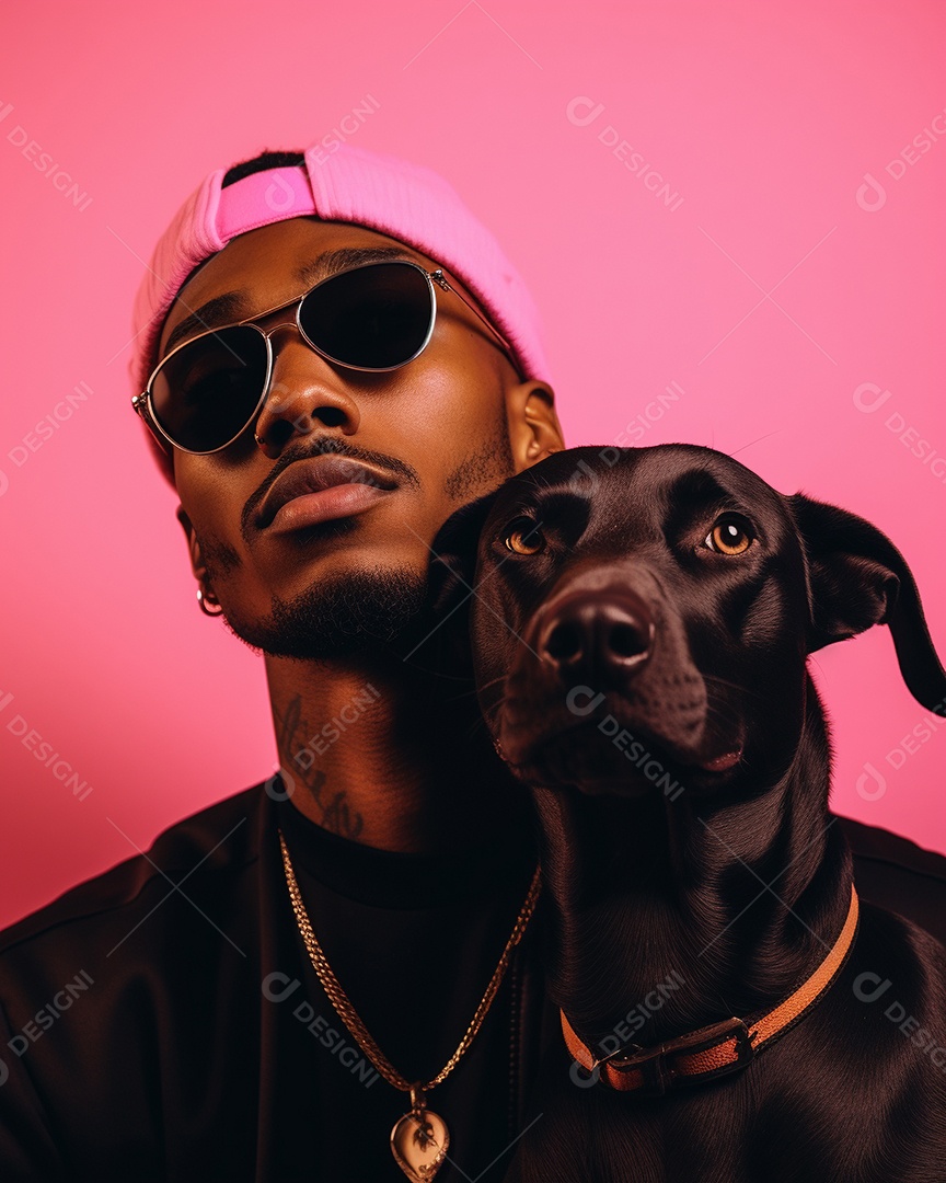 Uma mulher negra com seu cachorro acariciando seu cachorro em um fundo bronzeado