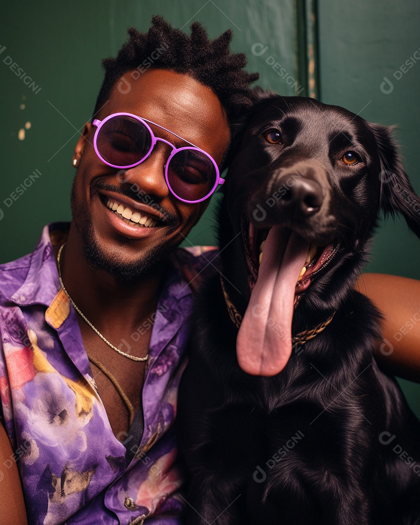 Um homem negro com seu cachorro acariciando seu cachorro em um fundo bronzeado