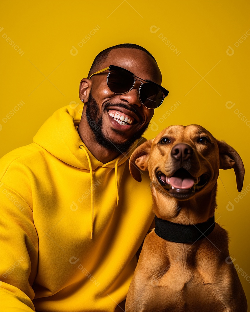 Um homem negro com seu cachorro acariciando seu cachorro em um fundo bronzeado