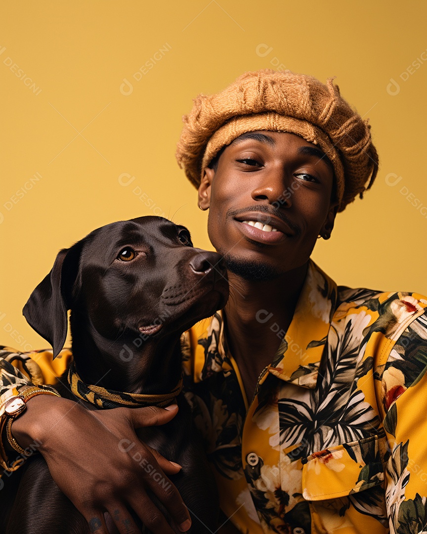 Um homem negro com seu cachorro acariciando seu cachorro em um fundo bronzeado