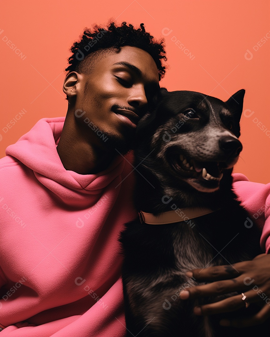 Um homem negro com seu cachorro acariciando seu cachorro em um fundo bronzeado