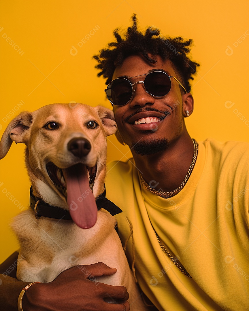 Homem negro com seu cachorro acariciando seu cachorro em um fundo bronzeado