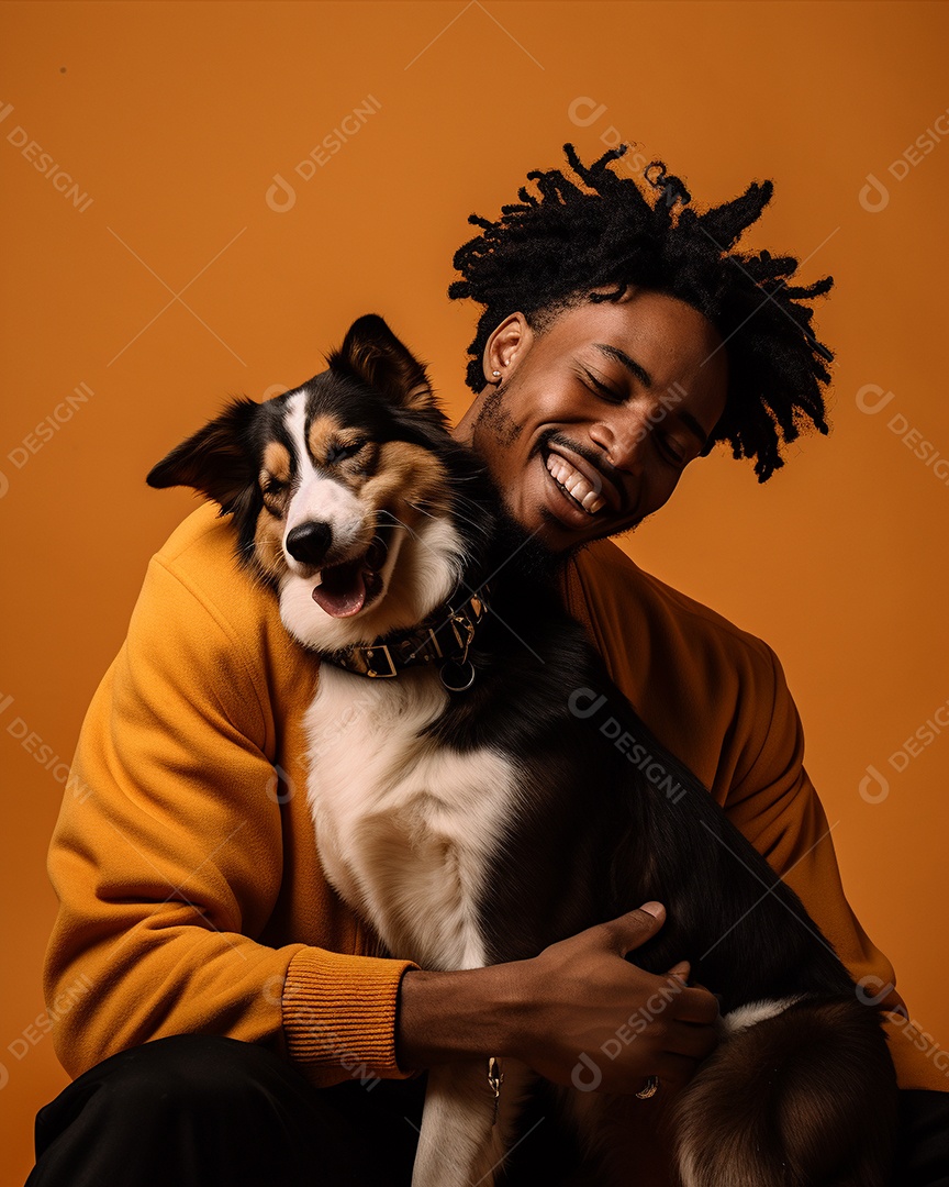 Um homem negro com seu cachorro acariciando seu cachorro em um fundo bronzeado