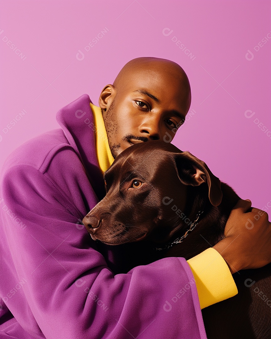 Um homem negro com seu cachorro acariciando seu cachorro em um fundo bronzeado