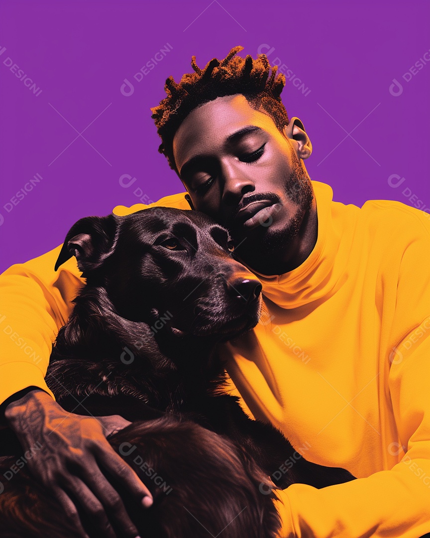 Um homem negro com seu cachorro acariciando seu cachorro em um fundo bronzeado