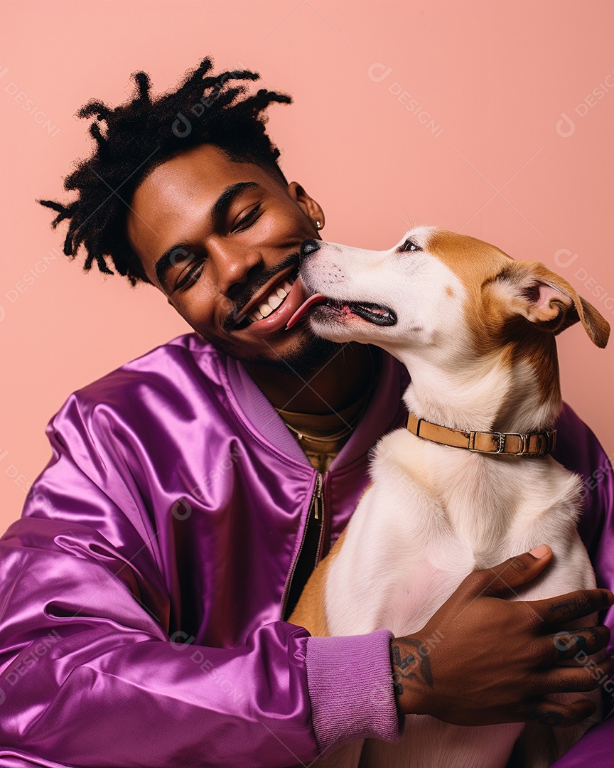 Um homem negro com seu cachorro acariciando seu cachorro em um fundo bronzeado