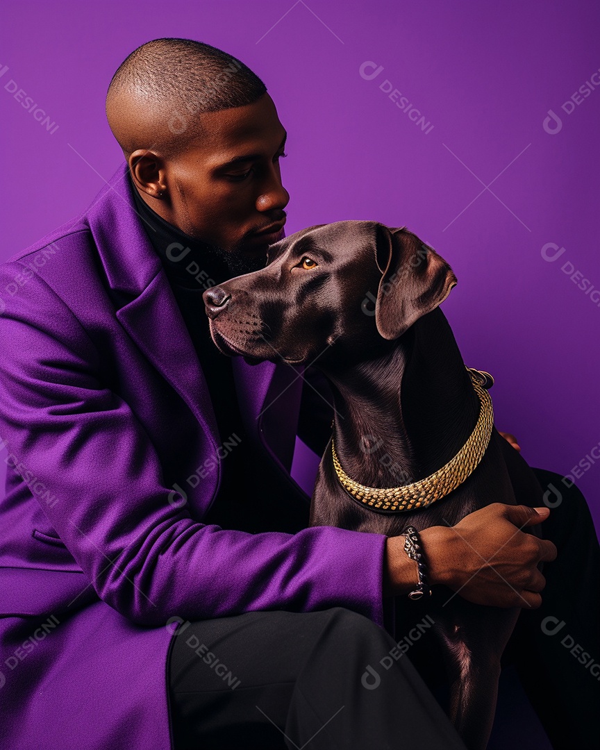 Um homem negro com seu cachorro acariciando seu cachorro em um fundo bronzeado