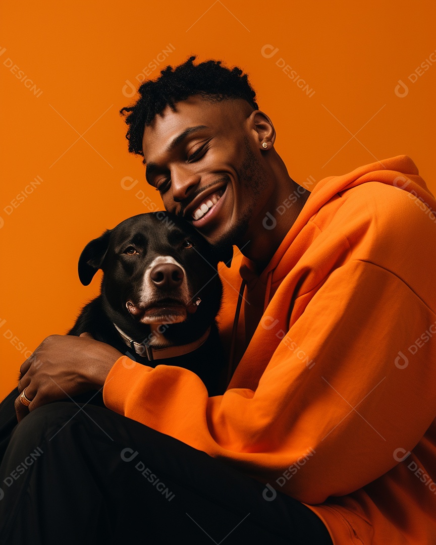 Um homem negro com seu cachorro acariciando seu cachorro em um fundo bronzeado