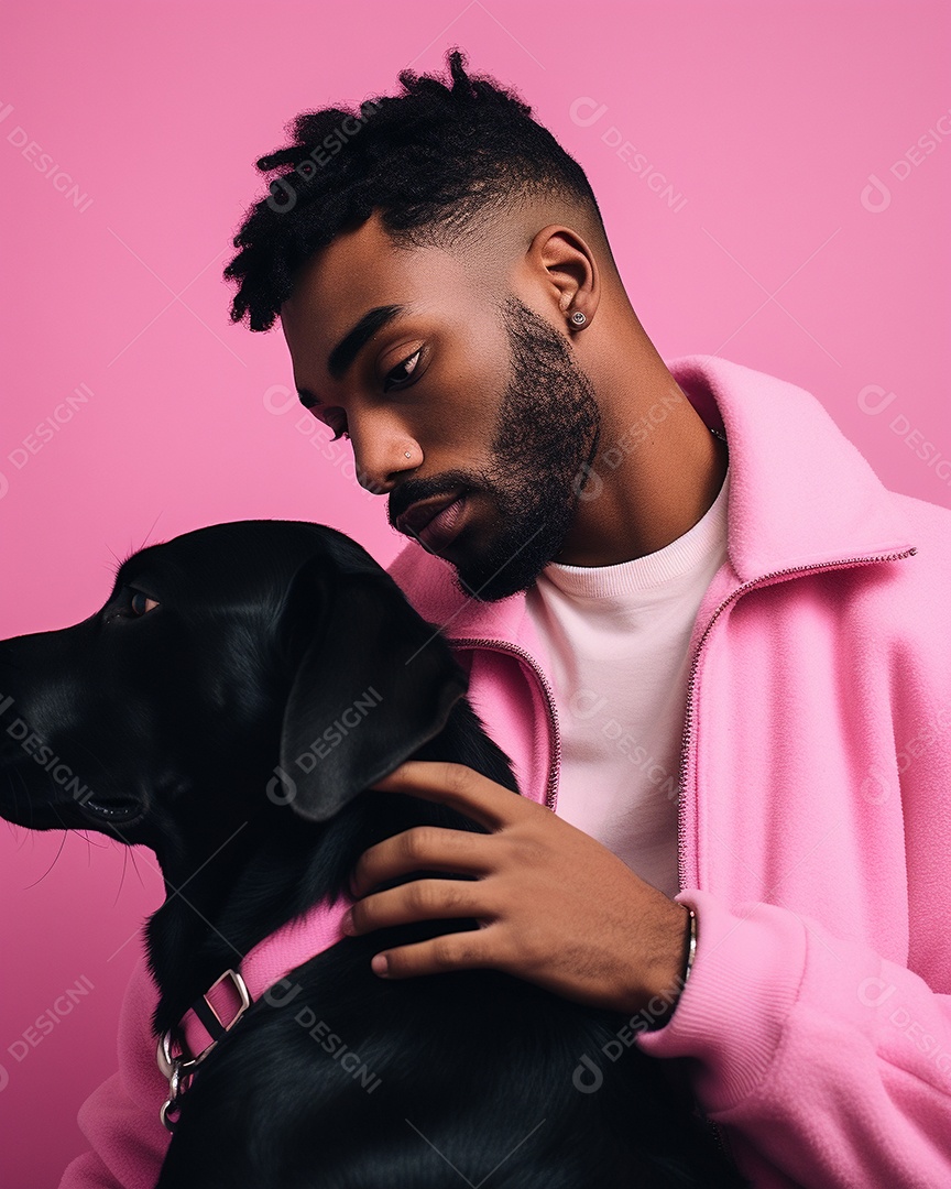 Um homem negro com seu cachorro acariciando seu cachorro em um fundo bronzeado