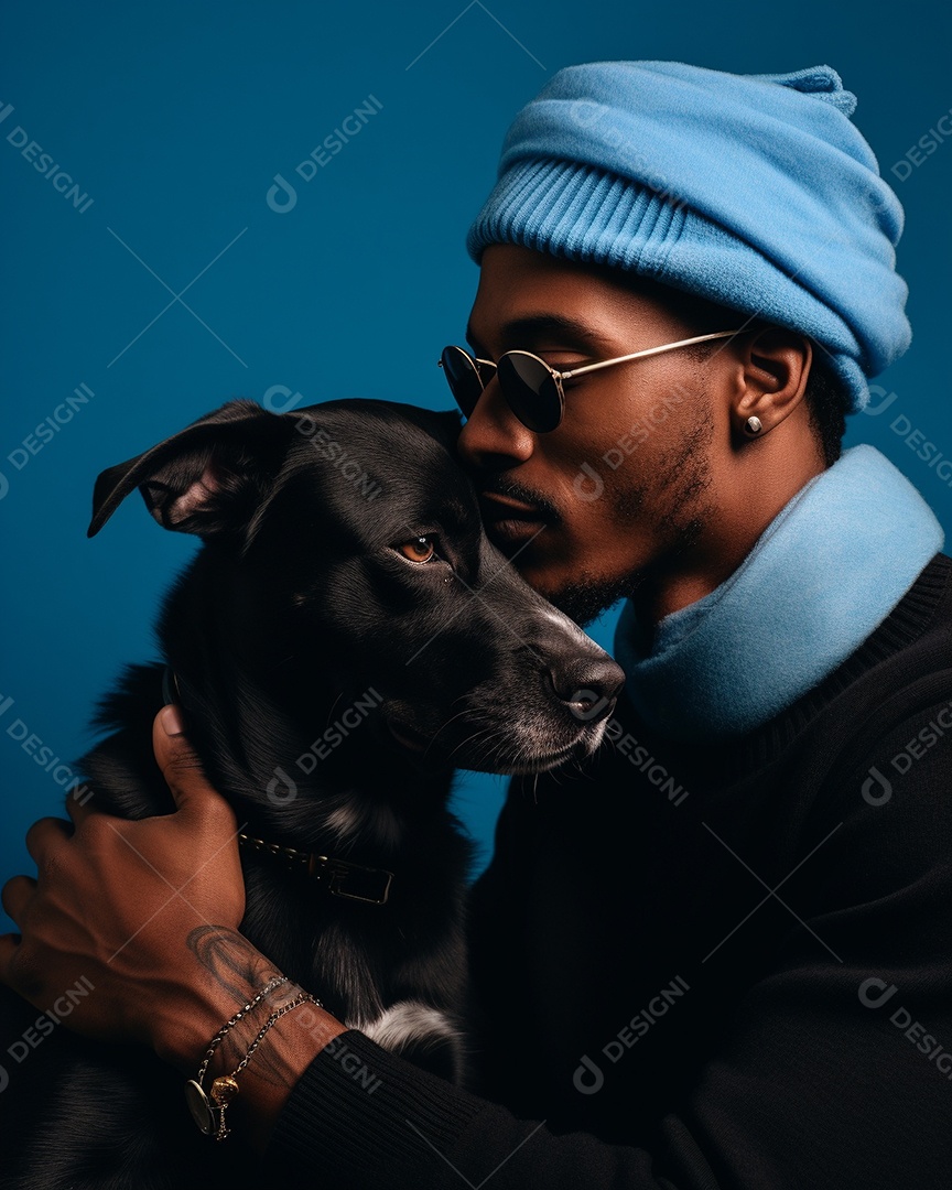 Um homem negro com seu cachorro acariciando seu cachorro em um fundo bronzeado