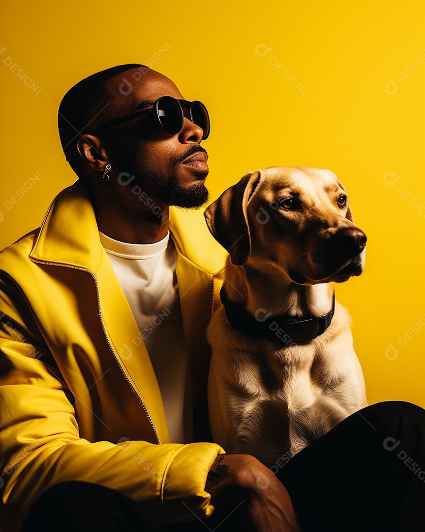 Um homem negro com seu cachorro acariciando seu cachorro em um fundo bronzeado