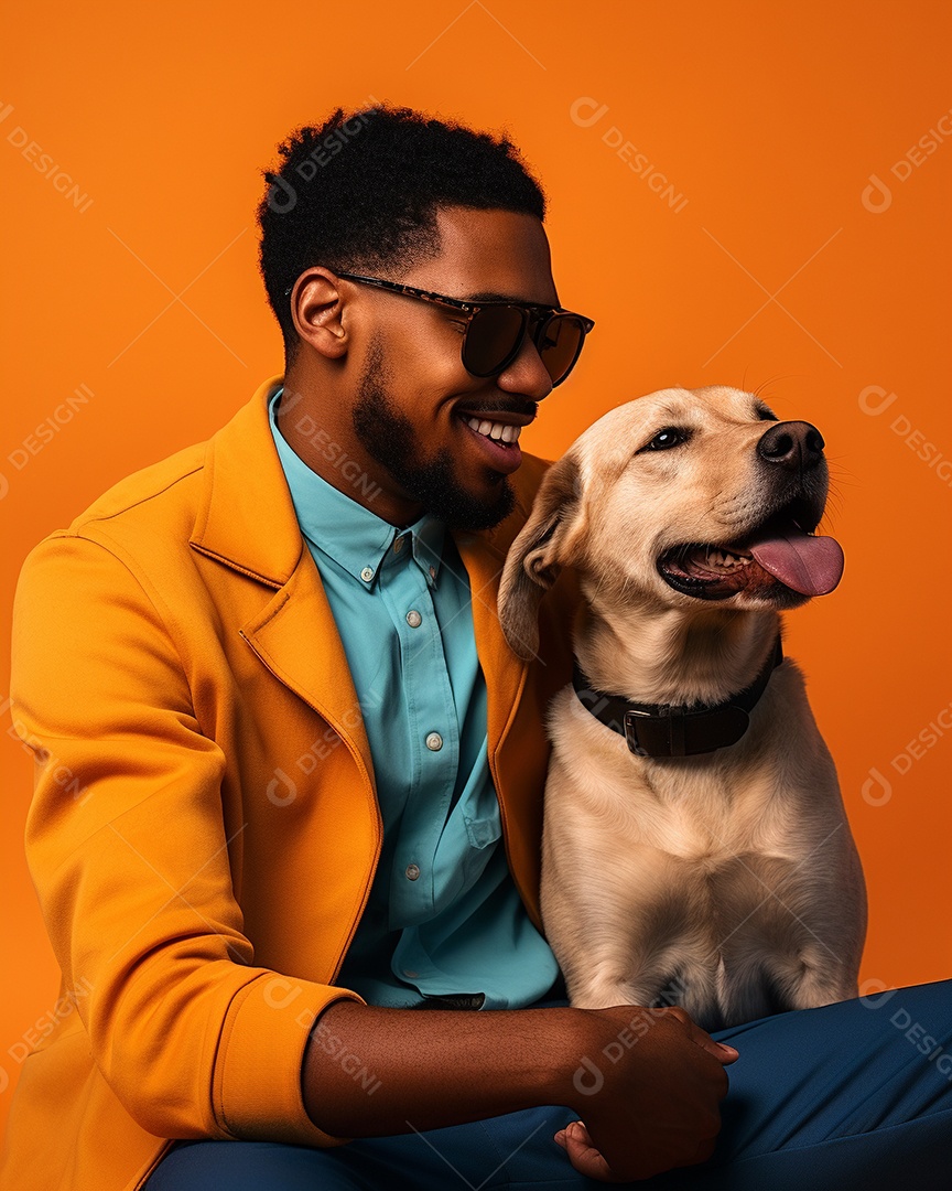 Um homem negro com seu cachorro acariciando seu cachorro em um fundo bronzeado