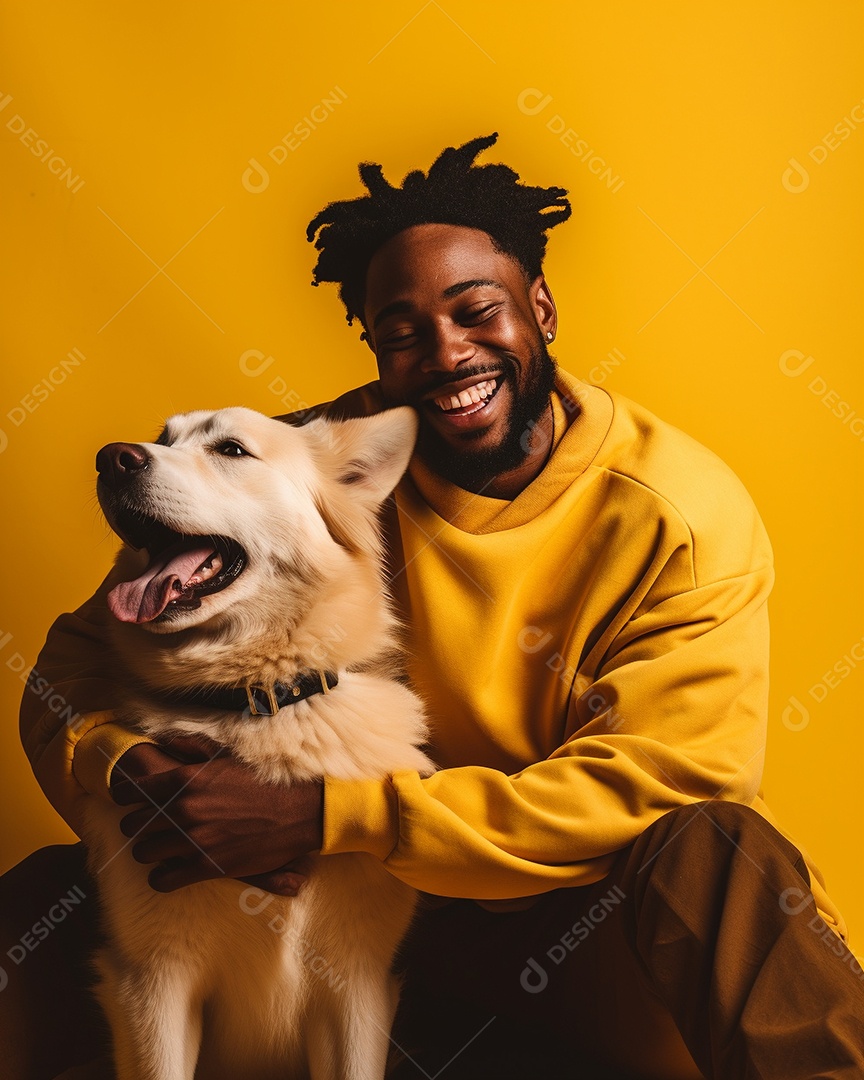 Um homem negro com seu cachorro acariciando seu cachorro em um fundo bronzeado