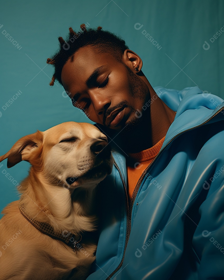 Um homem negro com seu cachorro acariciando seu cachorro em um fundo bronzeado