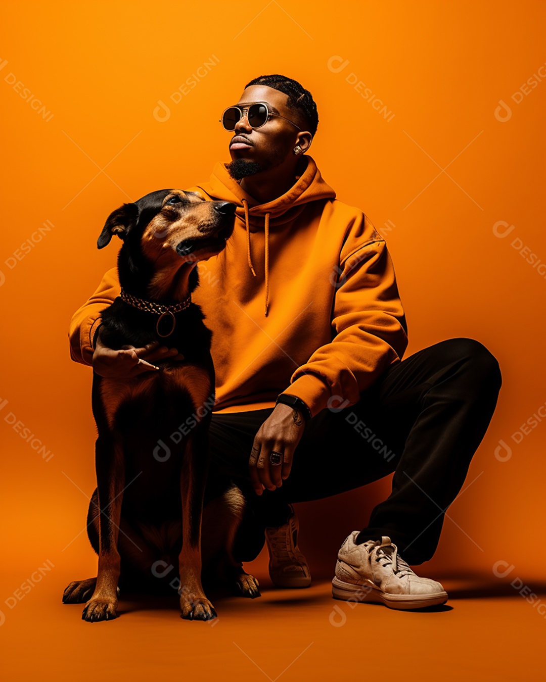 Um homem negro com seu cachorro acariciando seu cachorro em um fundo bronzeado