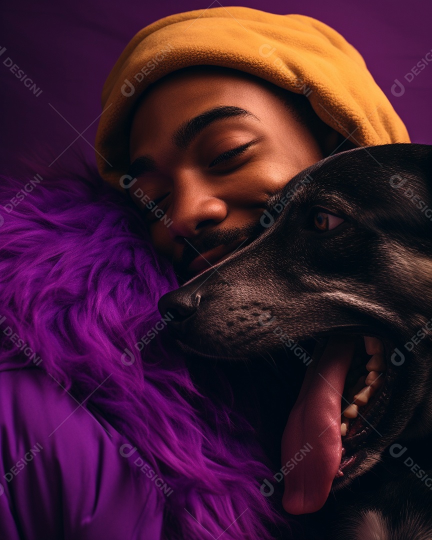 Um homem negro com seu cachorro acariciando seu cachorro em um fundo bronzeado