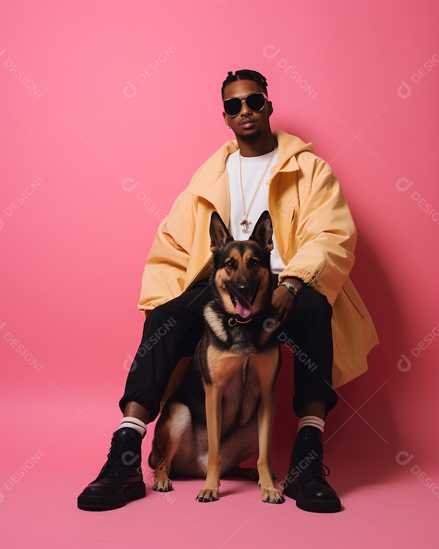 Um homem negro com seu cachorro acariciando seu cachorro em um fundo bronzeado