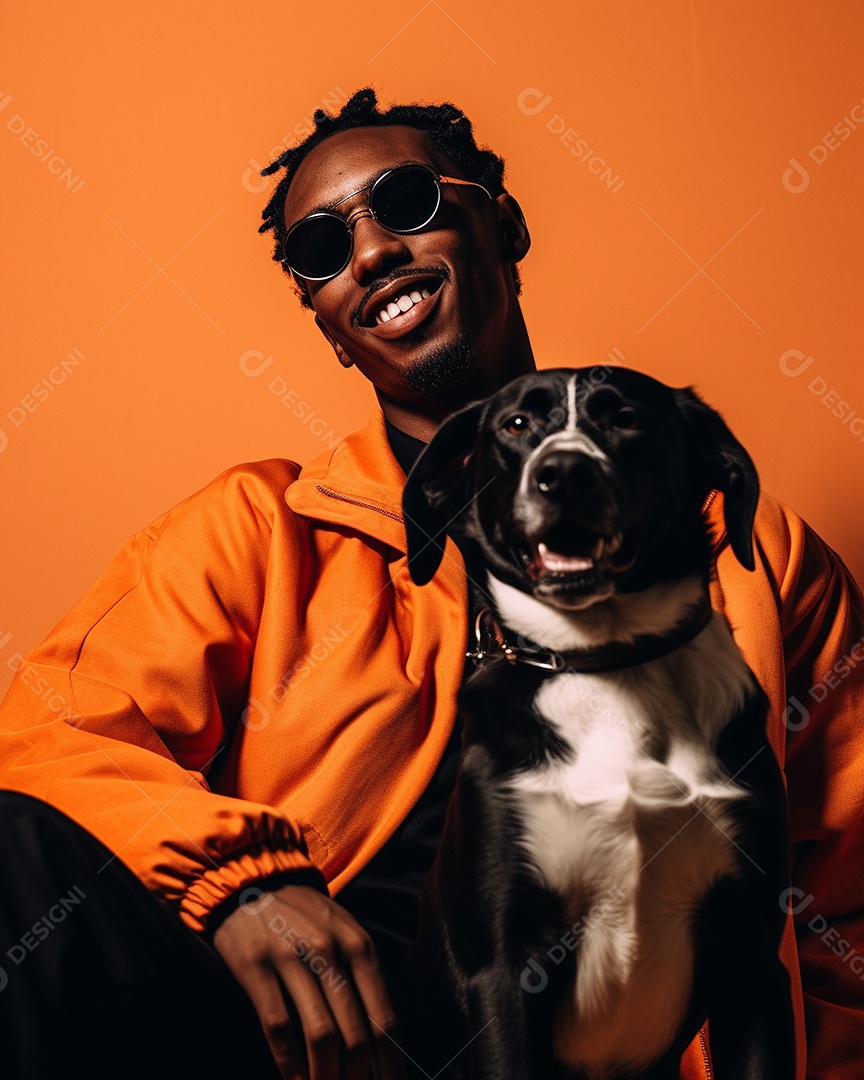 Um homem negro com seu cachorro acariciando seu cachorro em um fundo bronzeado