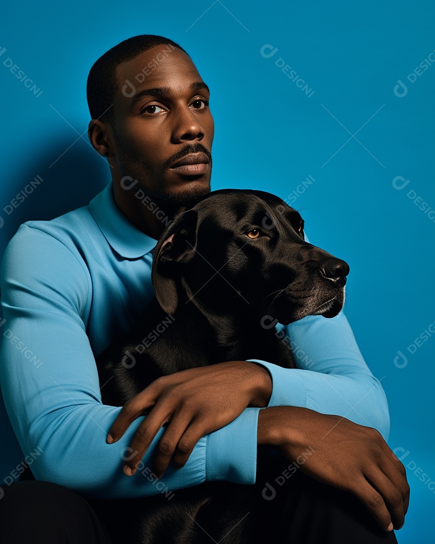 Homem negro com seu cachorro acariciando seu cachorro em um fundo bronzeado