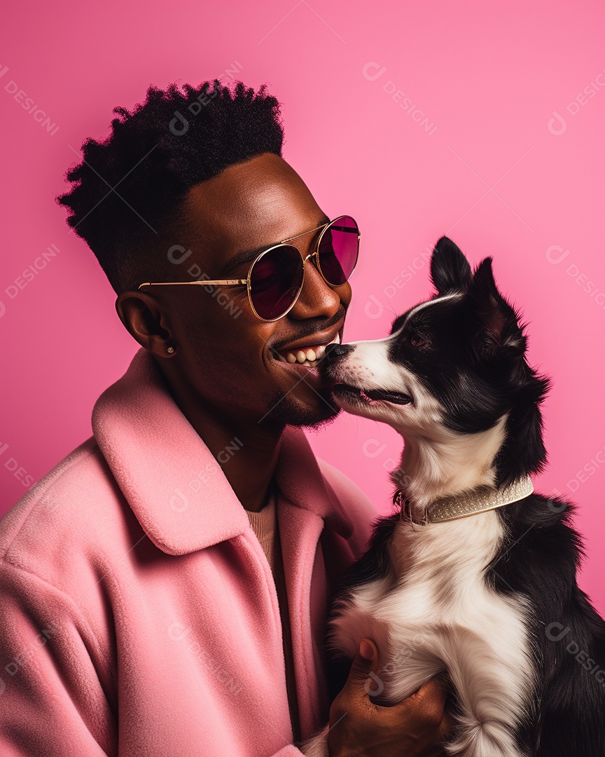 Homem negro com seu cachorro acariciando seu cachorro em um fundo bronzeado