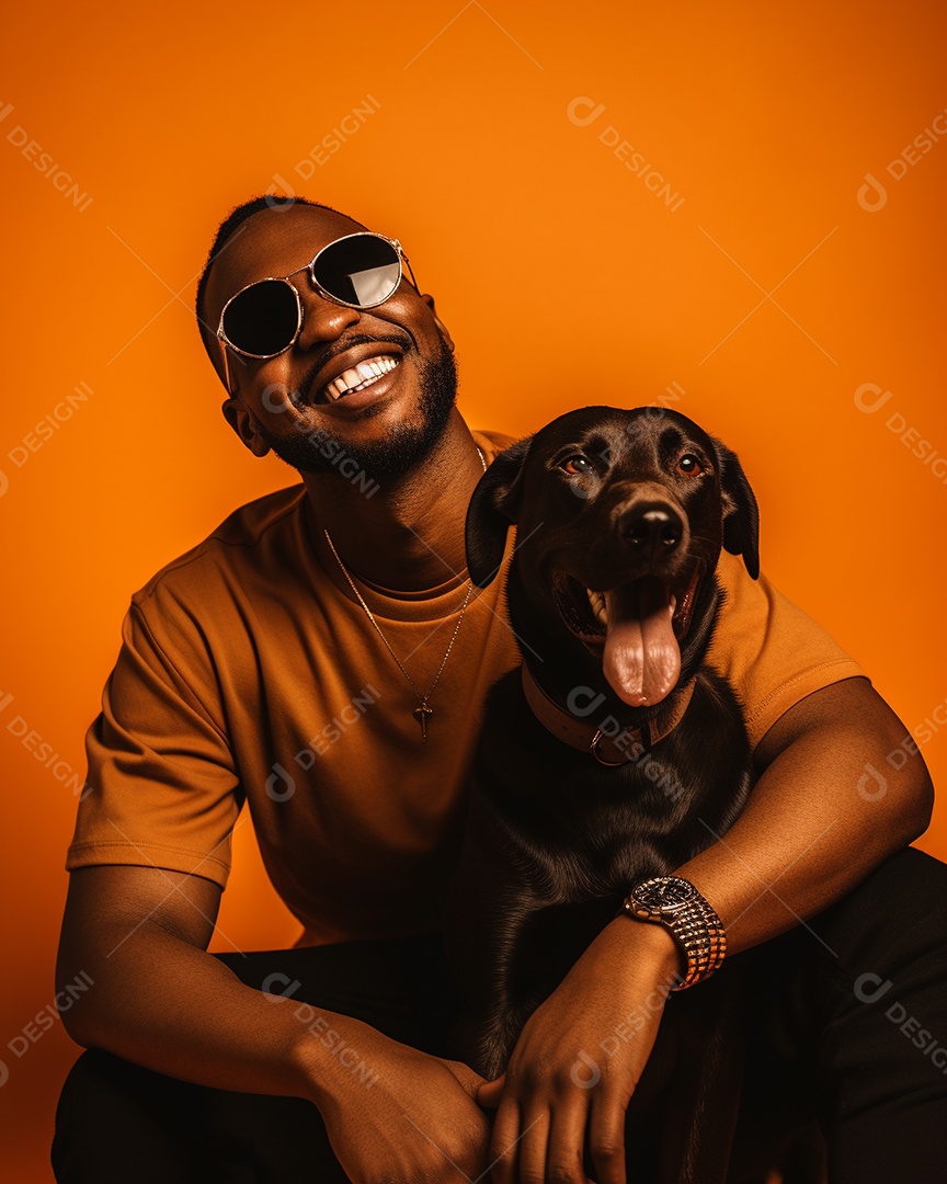 Homem negro com seu cachorro acariciando seu cachorro em um fundo bronzeado
