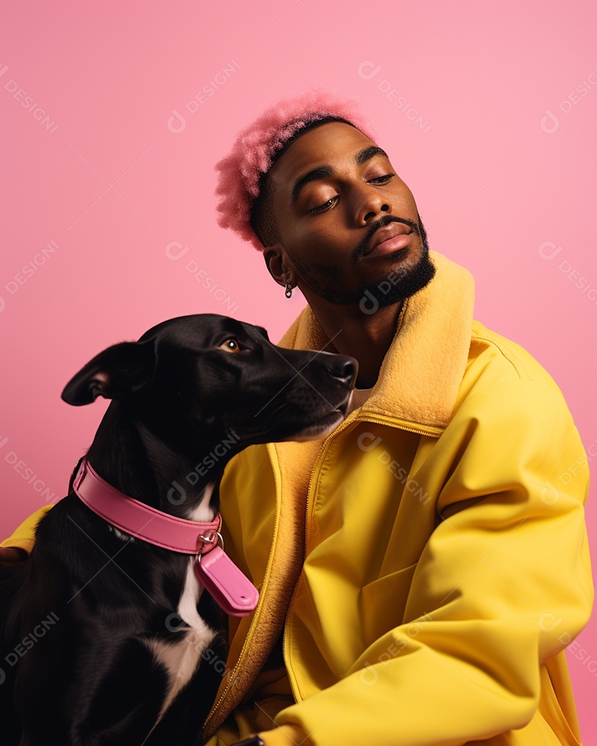 Homem negro com seu cachorro acariciando seu cachorro em um fundo bronzeado