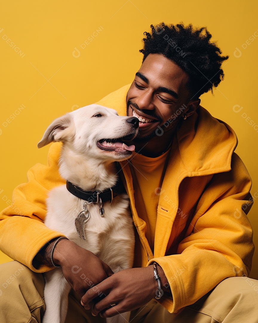 Homem negro com seu cachorro acariciando seu cachorro em um fundo bronzeado