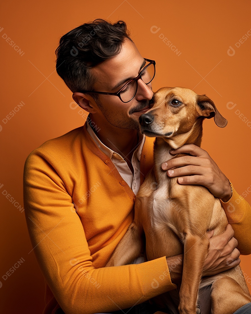 Homem com seu cachorro acariciando seu cachorro em um fundo bronzeado