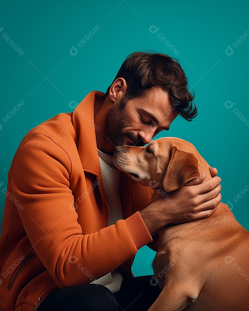 Homem com seu cachorro acariciando seu cachorro em um fundo bronzeado