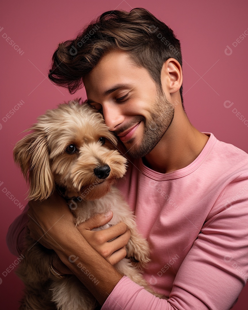 Homem com seu cachorro acariciando seu cachorro em um fundo bronzeado