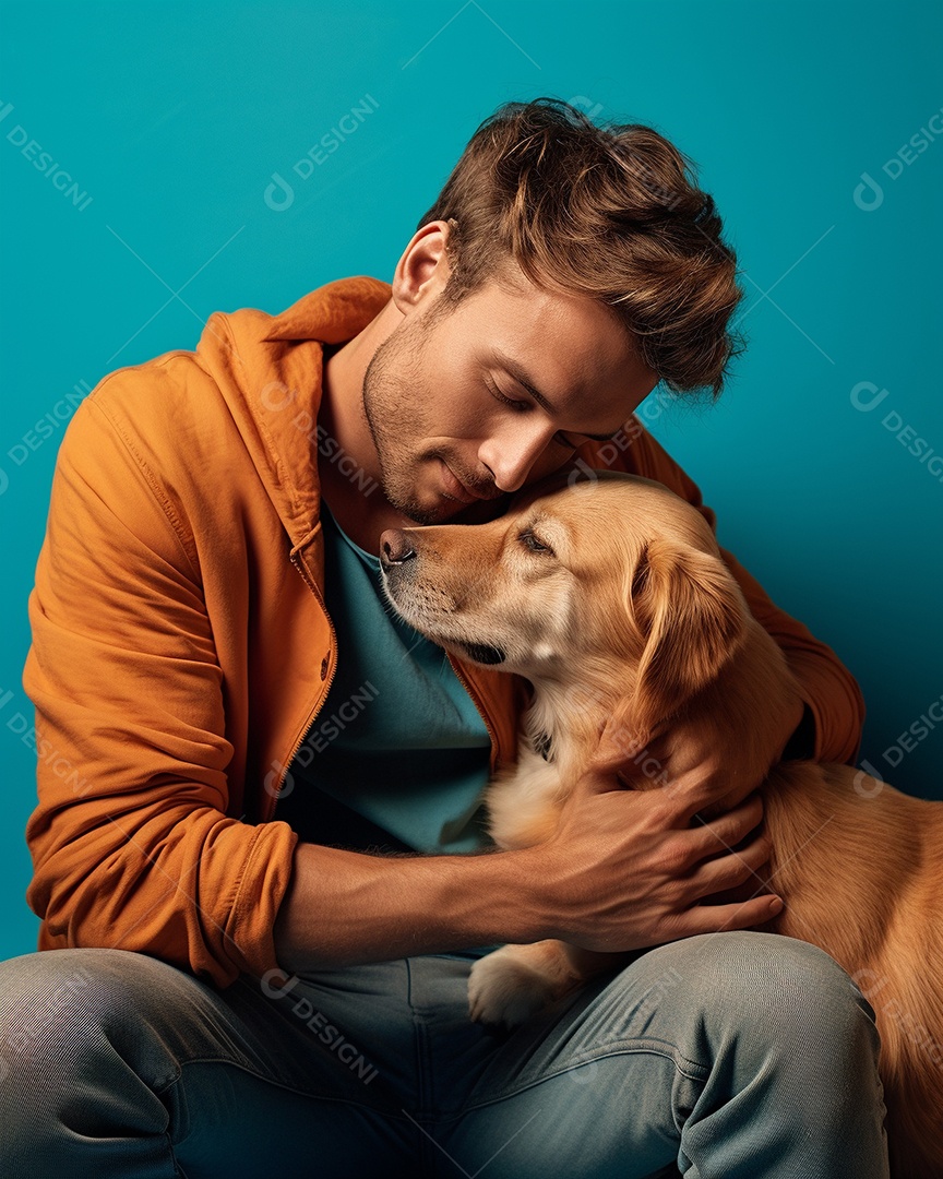 Homem com seu cachorro acariciando seu cachorro em um fundo bronzeado