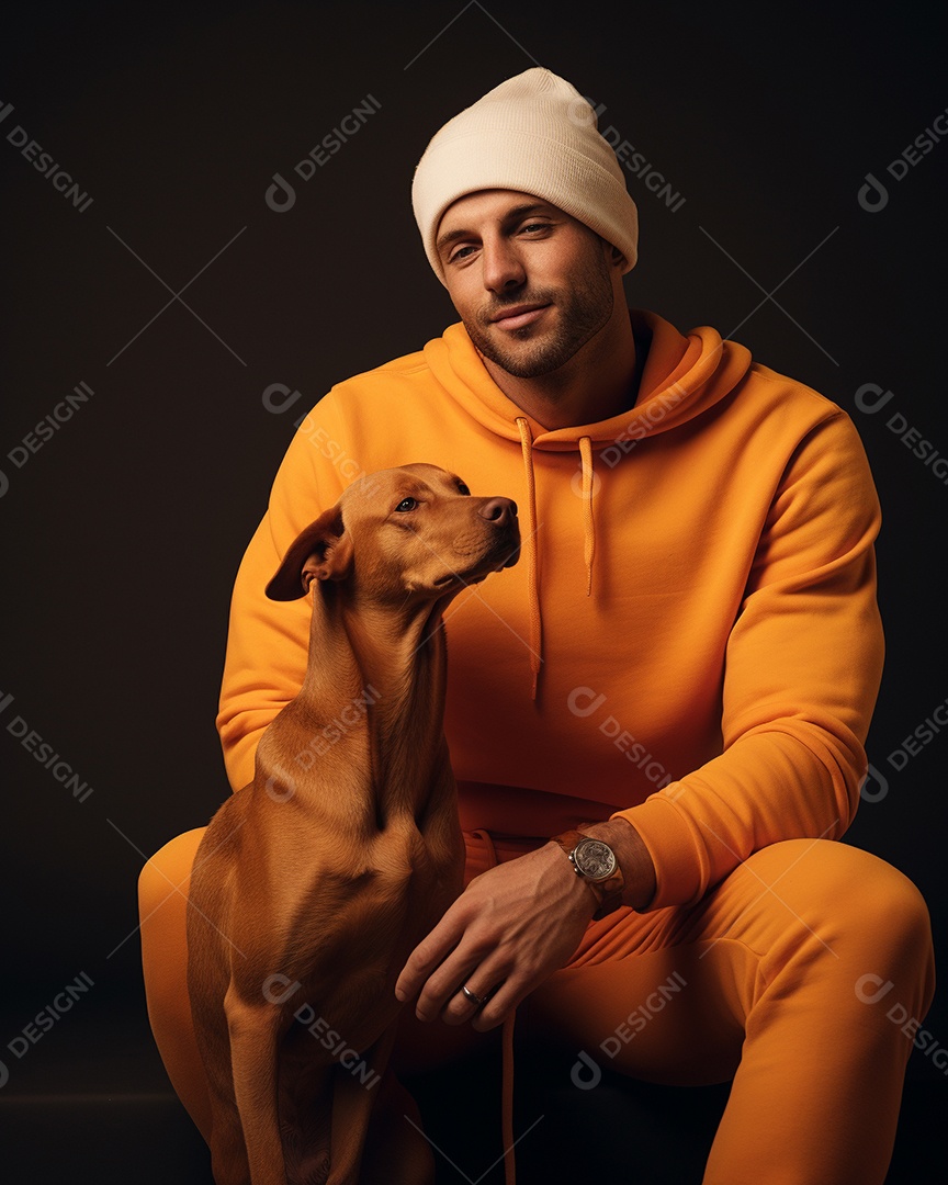 Homem com seu cachorro acariciando seu cachorro em um fundo bronzeado