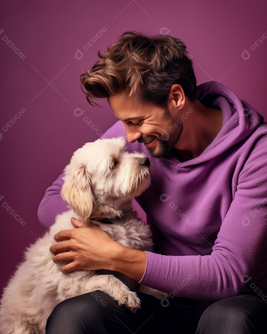 Homem com seu cachorro acariciando seu cachorro em um fundo bronzeado