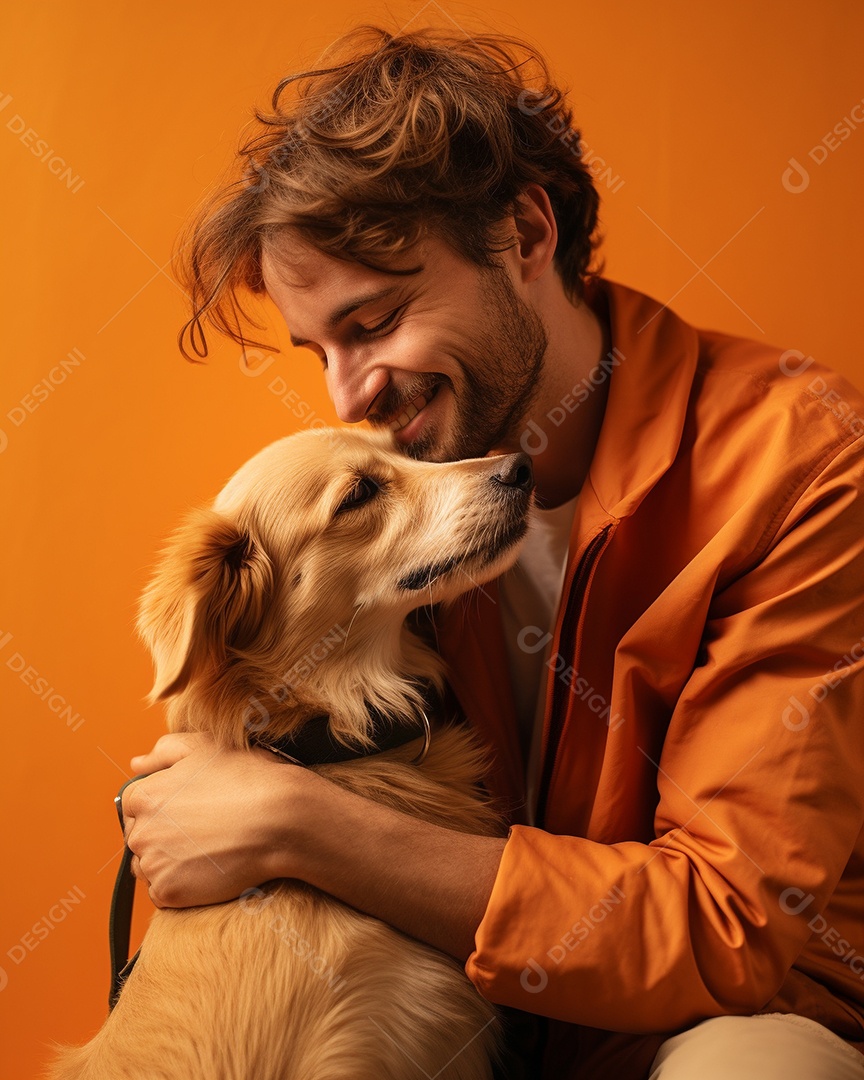 Homem com seu cachorro acariciando seu cachorro em um fundo bronzeado