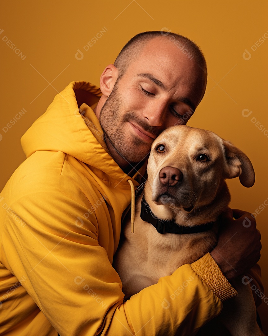 Homem com seu cachorro acariciando seu cachorro em um fundo bronzeado