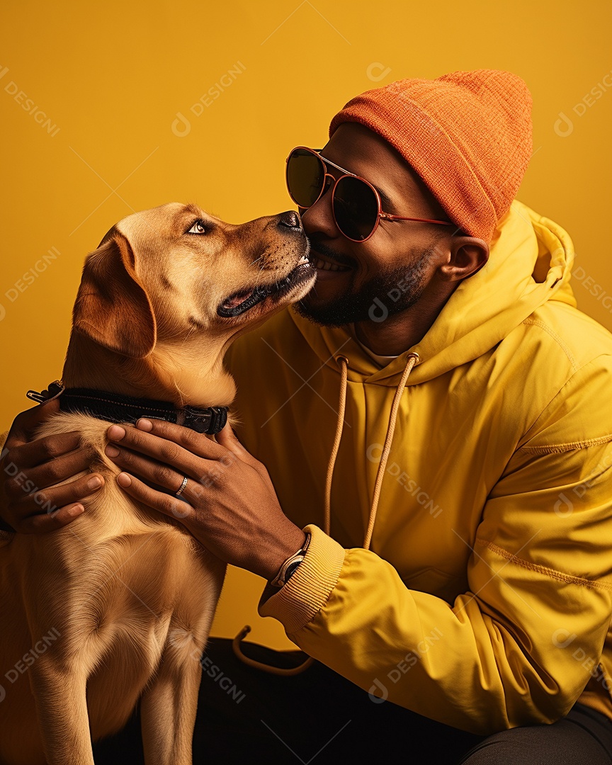 Homem com seu cachorro acariciando seu cachorro em um fundo bronzeado