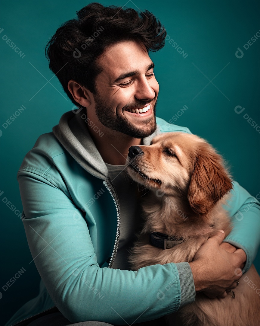 Homem com seu cachorro acariciando seu cachorro em um fundo bronzeado