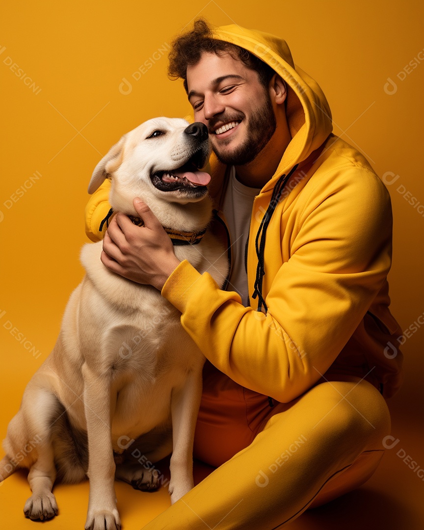 Homem com seu cachorro acariciando seu cachorro em um fundo bronzeado