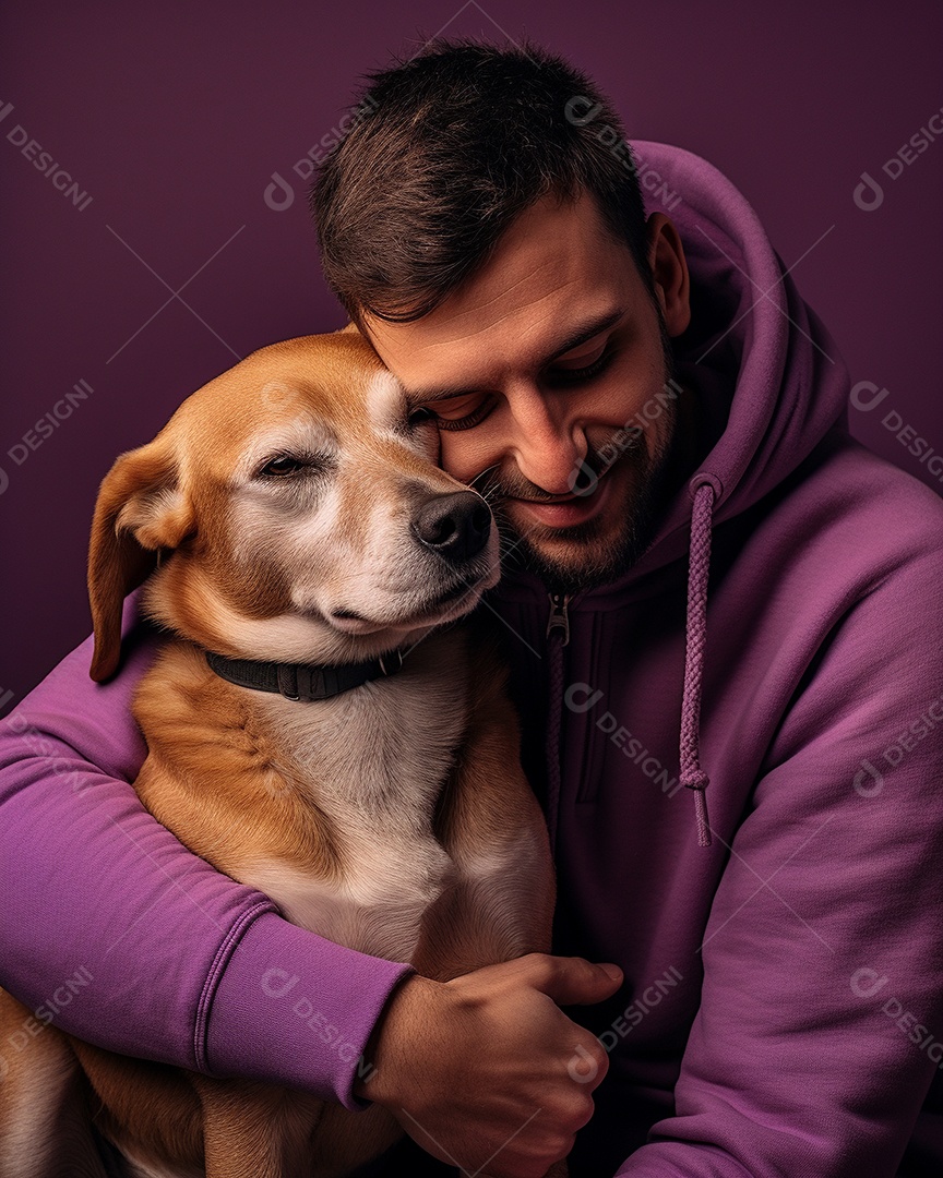 Homem com seu cachorro acariciando seu cachorro em um fundo bronzeado