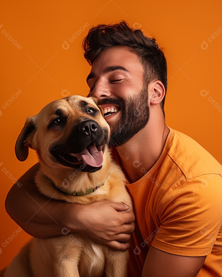 Homem com seu cachorro acariciando seu cachorro em um fundo bronzeado