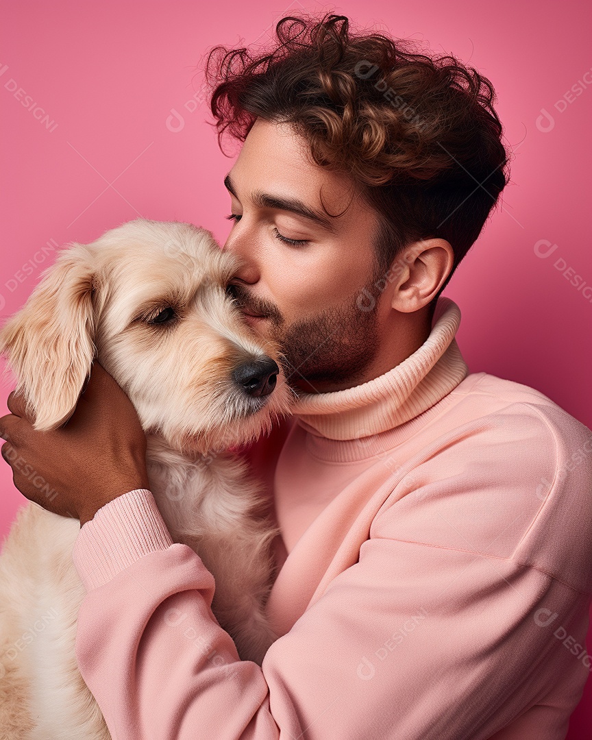 Homem com seu cachorro acariciando seu cachorro em um fundo bronzeado