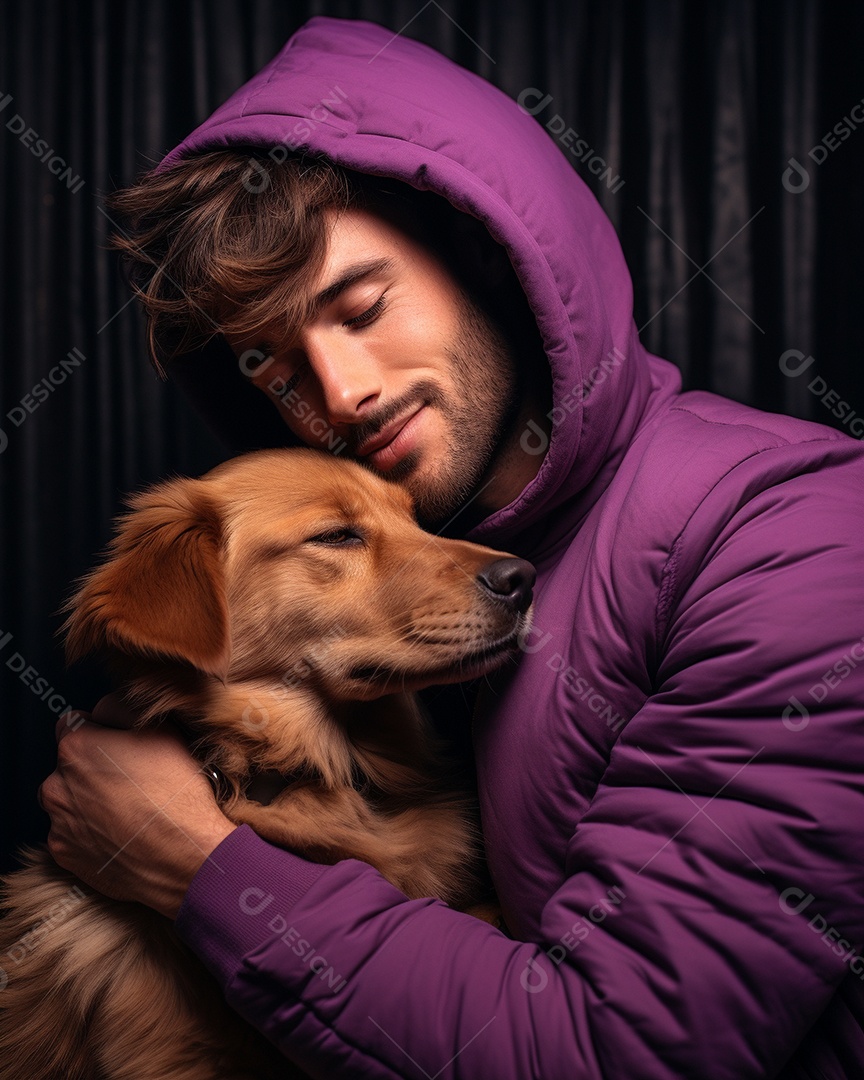 Homem com seu cachorro acariciando seu cachorro em um fundo bronzeado