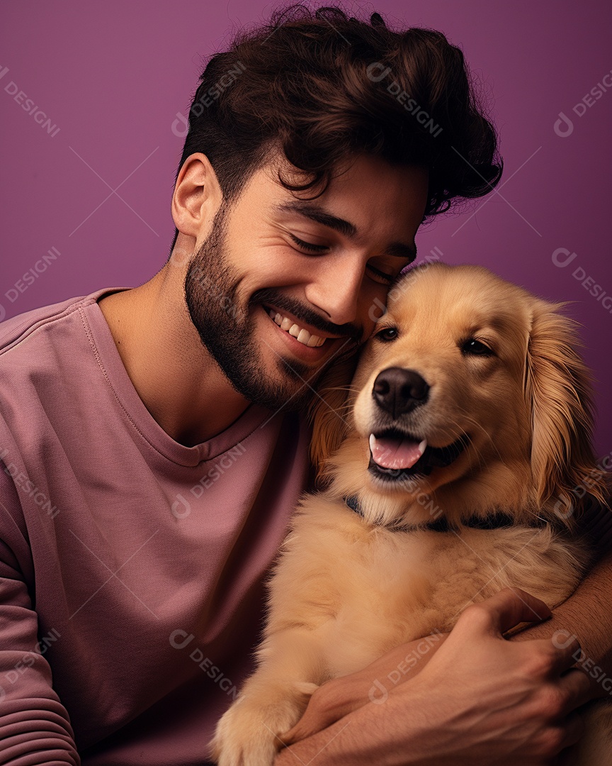 Homem com seu cachorro acariciando seu cachorro em um fundo bronzeado