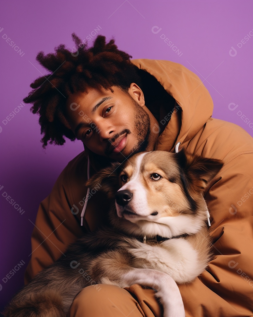 Homem com seu cachorro acariciando seu cachorro em um fundo bronzeado