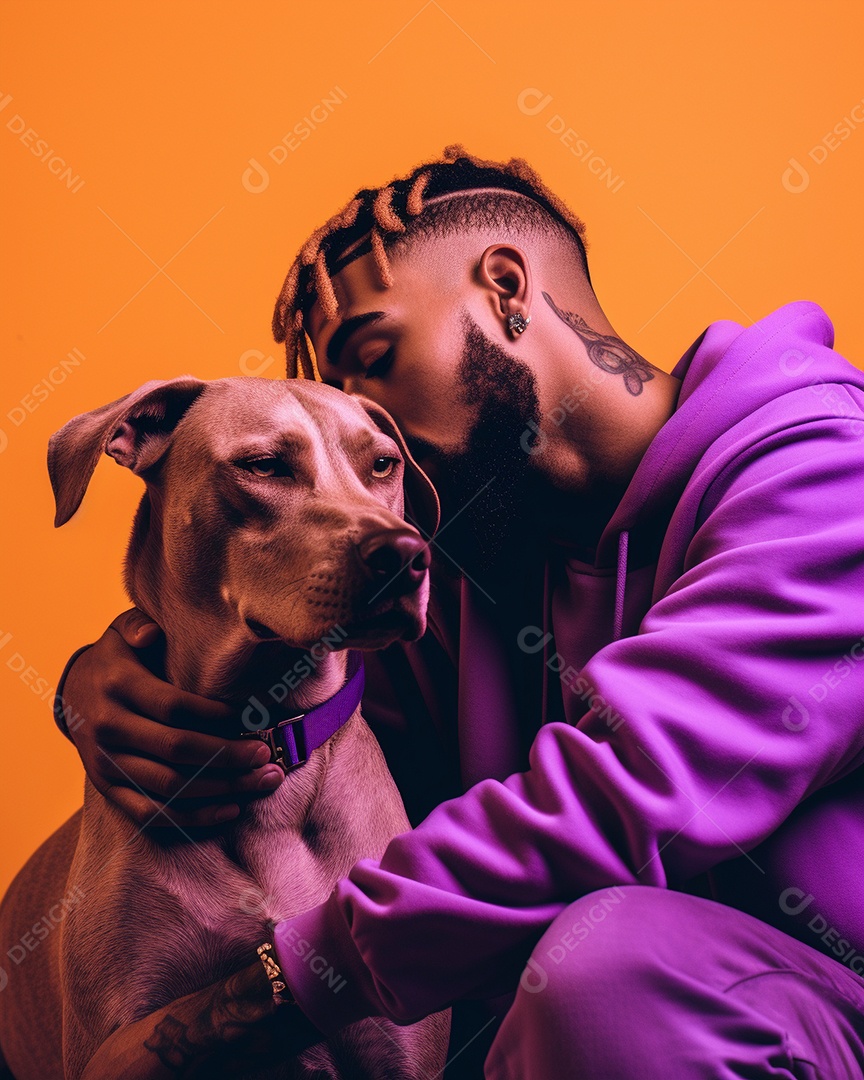 Homem com seu cachorro acariciando seu cachorro em um fundo bronzeado