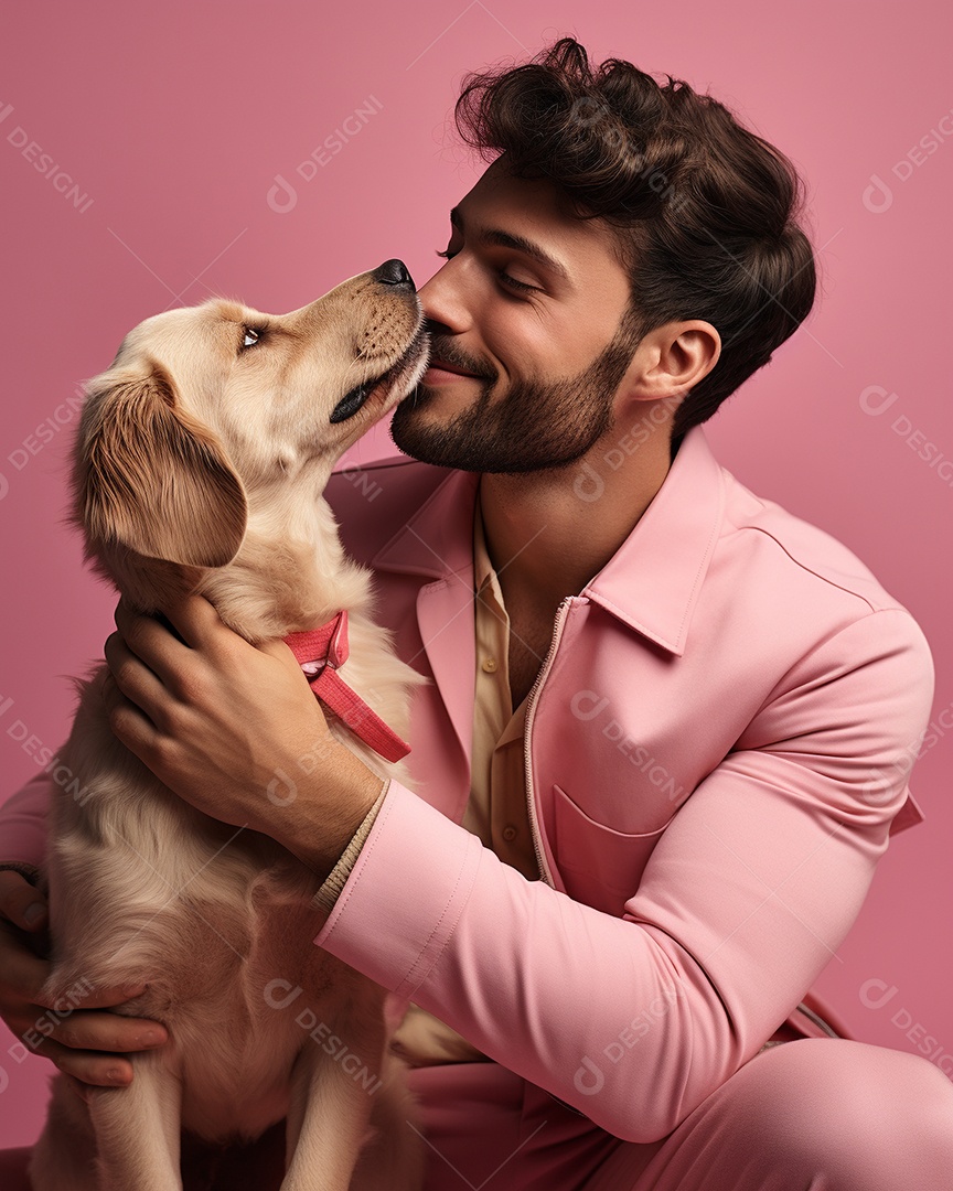 Homem com seu cachorro acariciando seu cachorro em um fundo bronzeado