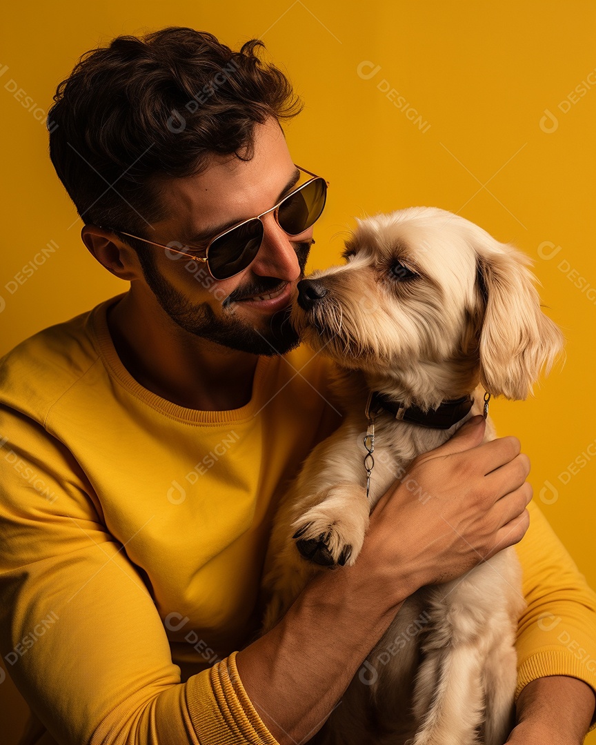 Homem com seu cachorro acariciando seu cachorro em um fundo bronzeado