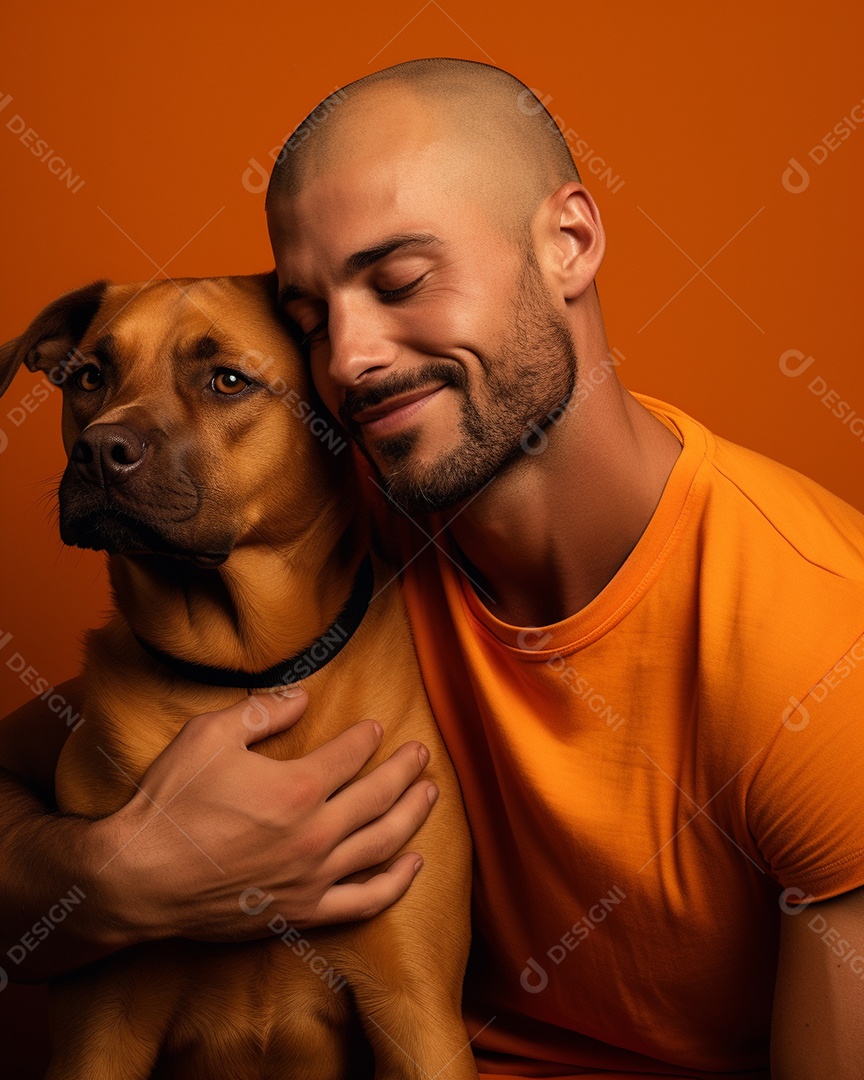 Homem com seu cachorro acariciando seu cachorro em um fundo bronzeado